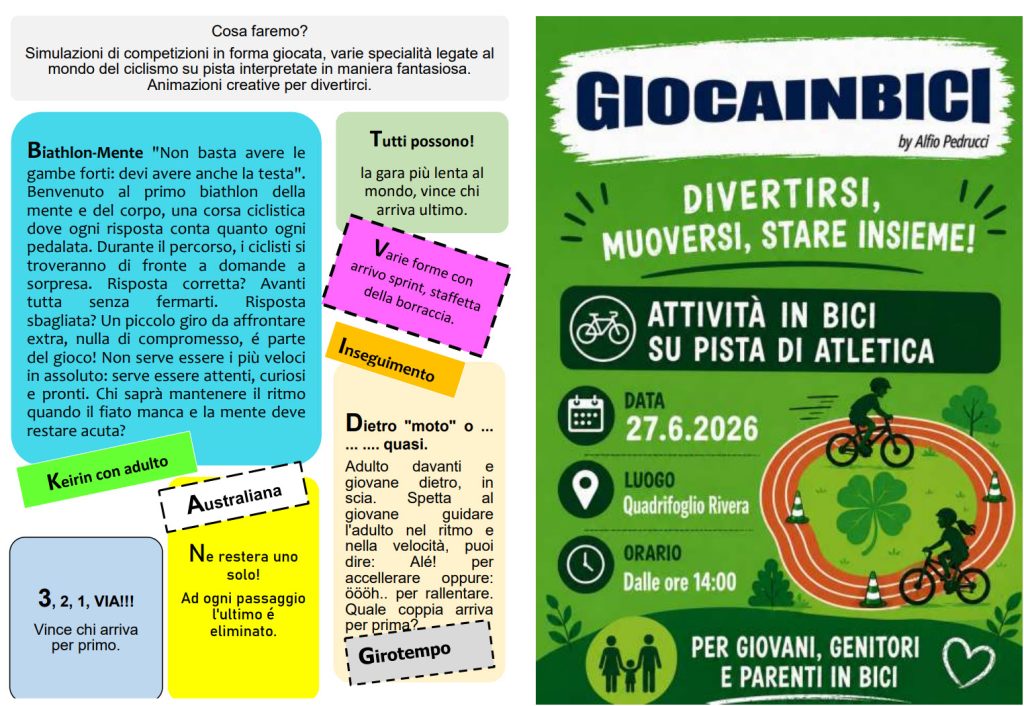 Volantino Giocainbici by Alfio Pedrucci, attività in bici per bambini, genitori e parenti sabato 27 giugno al Quadrifoglio di Rivera.